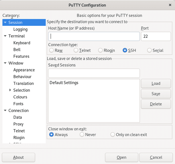 PuTTY Configuration Screen
